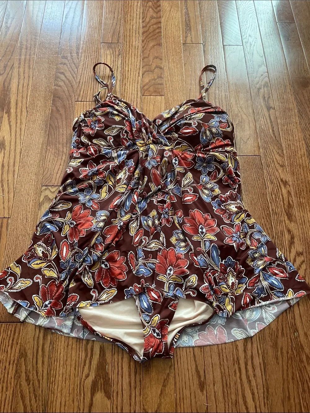 Garnet Hill Brown Orange Floral One Piece Swimsuit Women’s Sz 16